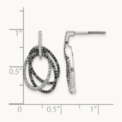 White and Black Diamond Ovals Dangle Post Earrings, 14K White Gold