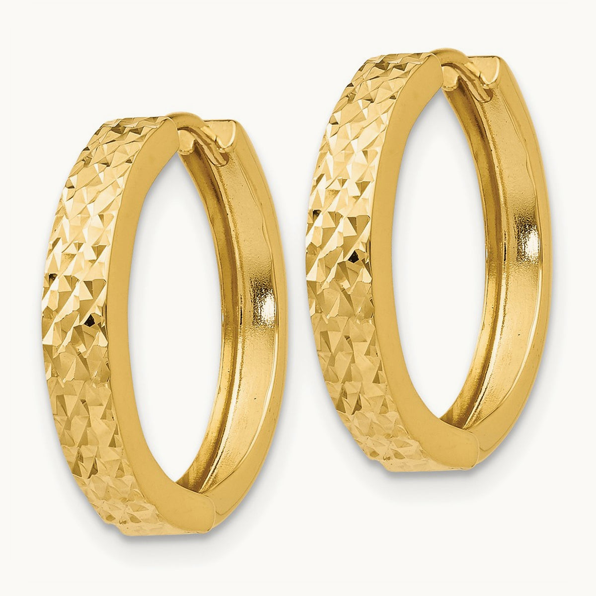 Diamond-cut Hinged Hoop Earrings — 14K Yellow Gold, 15mm