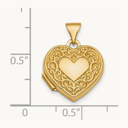 Polished Fancy Scroll Design Reversible Heart Locket, 15mm, 14K