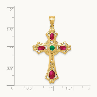 Ruby and Emerald Cabochon Cross Pendant, 14K