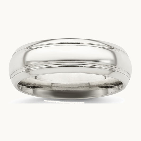 Sterling Silver 6mm Polished Domed with Grooved Beveled Edge Fancy Band