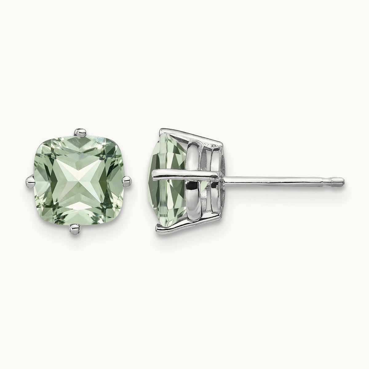 Cushion Green Quartz Earring, 7mm, 14K White Gold