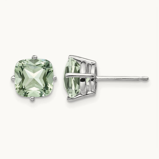 Cushion Green Quartz Earring, 7mm, 14K White Gold