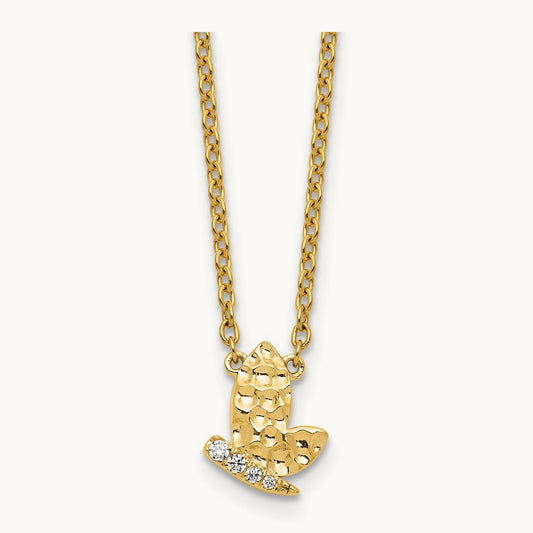 Polished and Hammered Diamond Butterfly Necklace, 14K