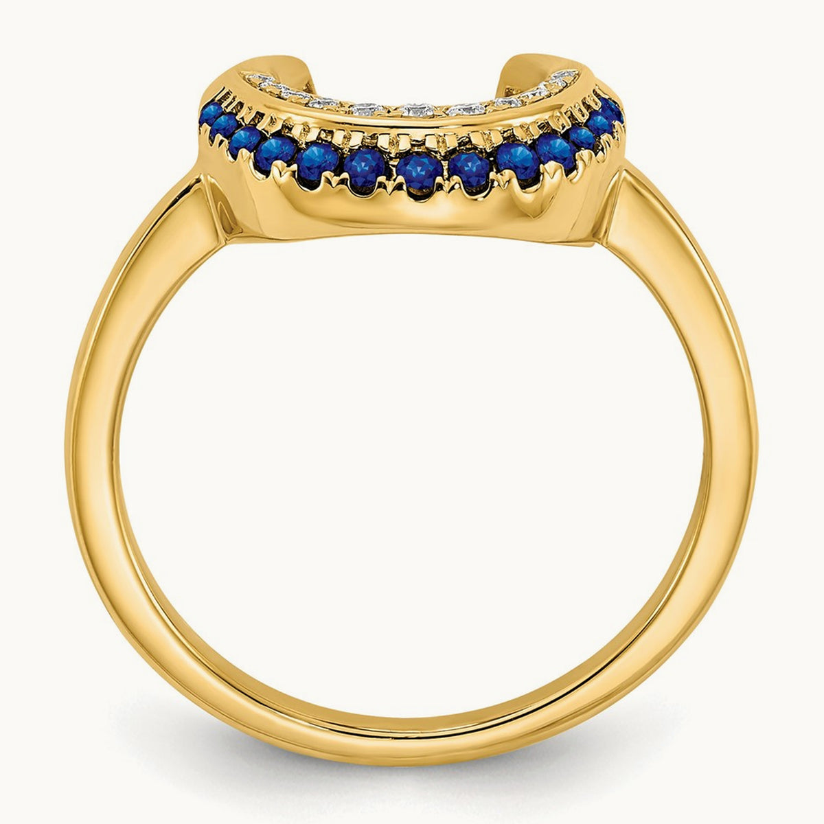 Polished Sapphire and Diamond Moon Ring, 14K