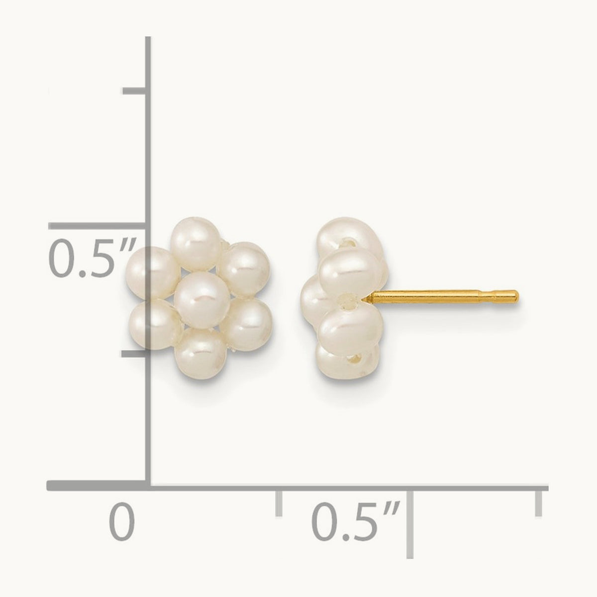 2- White Button Freshwater Cultured Pearl Flower Earrings, 3mm, 14K