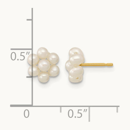 2- White Button Freshwater Cultured Pearl Flower Earrings, 3mm, 14K