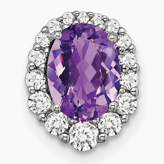 Oval Amethyst and Diamond Halo Chain Slide, 14K White Gold