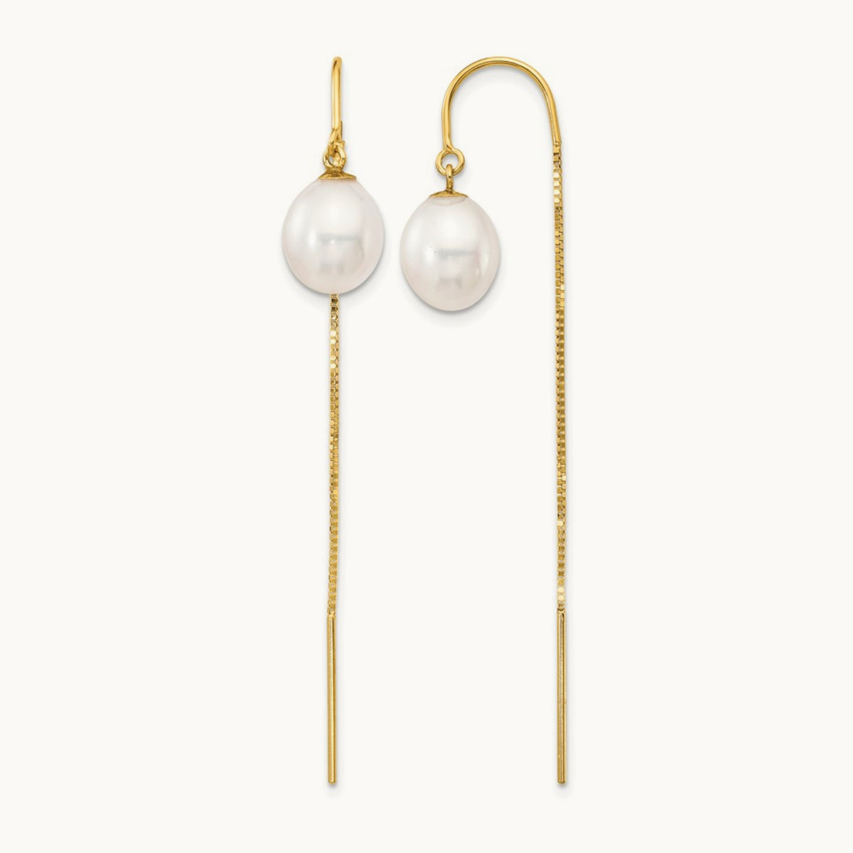 7- White Rice FW Cultured Pearl Box Chain Threader Earrings, 8mm, 14K
