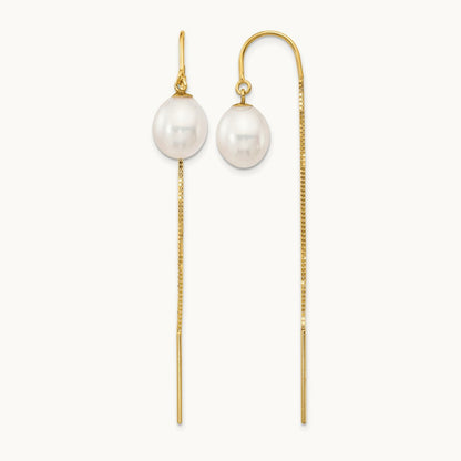 7- White Rice FW Cultured Pearl Box Chain Threader Earrings, 8mm, 14K