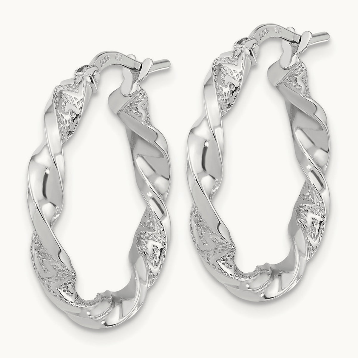 Polished and Textured Twisted Hoop Earrings — 14K White Gold, 23mm