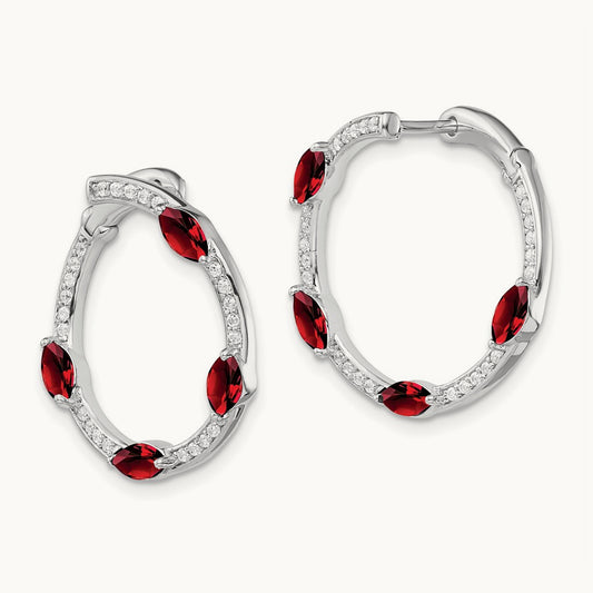 Garnet and Diamond Hoop Earrings, 14K White Gold