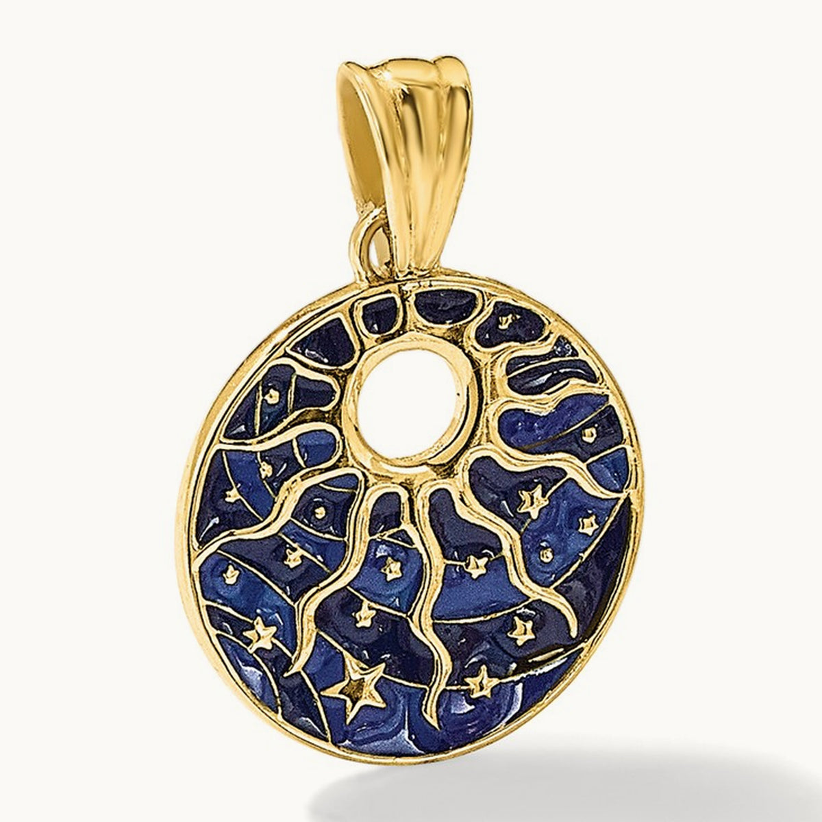 Polished Enameled Sun and Stars Pendant, 14K