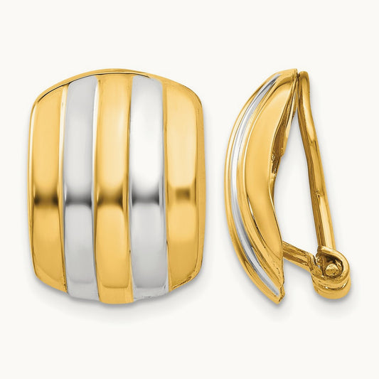 & Rhodium Ribbed Non-pierced Omega Back Earrings, 14K
