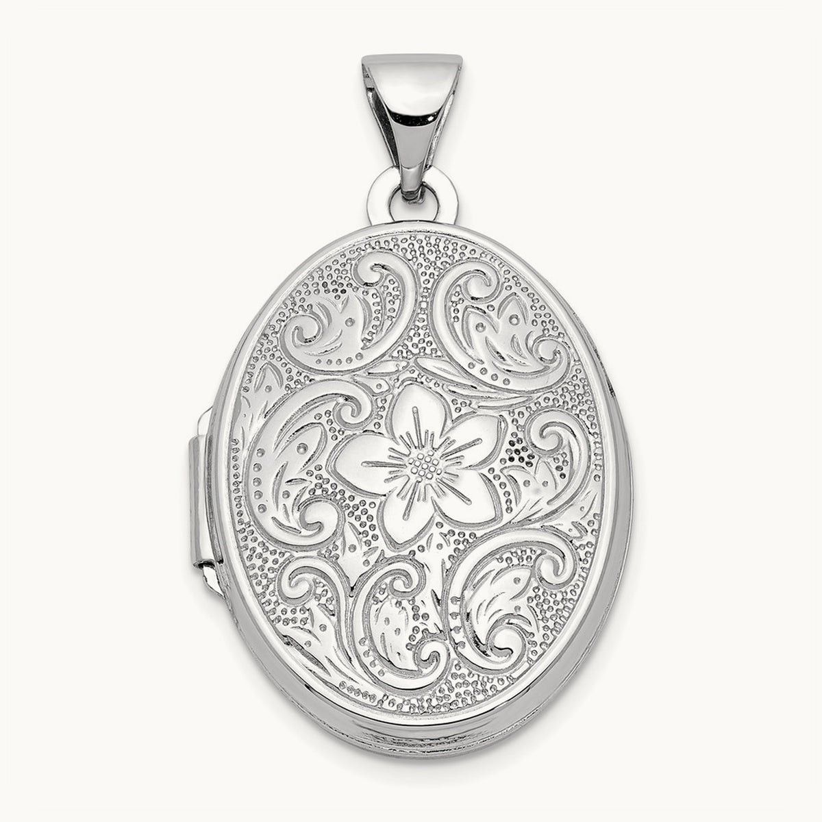 Oval Floral Scroll Border Locket, 21mm, 14K White Gold