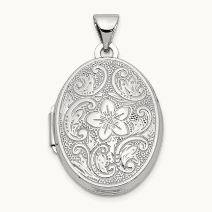 Oval Floral Scroll Border Locket, 21mm, 14K White Gold