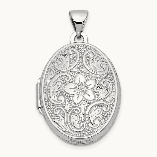 Oval Floral Scroll Border Locket, 21mm, 14K White Gold