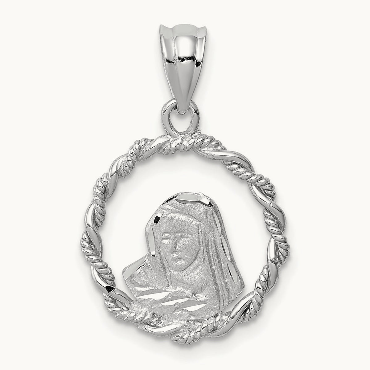 Brushed & Polished Diamond-cut Virgin Mary Pendant — 14K White Gold