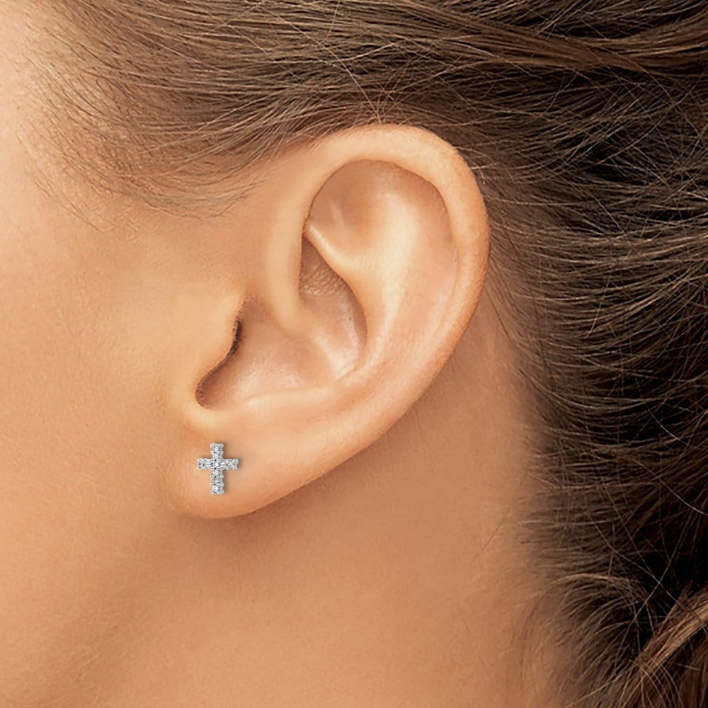 Polished Diamond Cross Post Earrings — 14K White Gold, 7mm