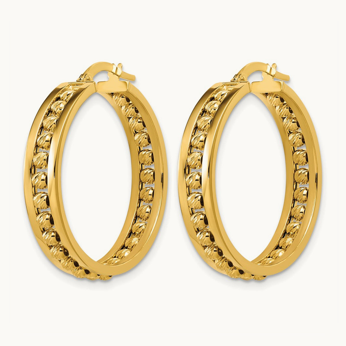 Polished and Diamond-cut Beaded Tube Hoop Earrings — 29.5mm
