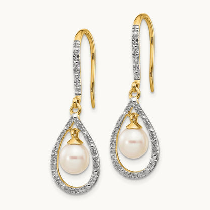 6- White Round FWC Pearl .02ct. Diamond Dangle Earrings, 7mm, 14K