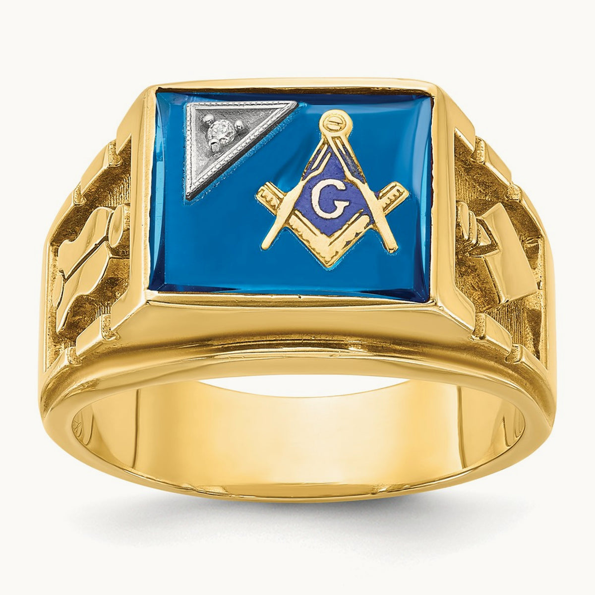 14ktt IBGoodman Men's Lab Cr. Sapphire & Dia Blue Lodge Masonic Ring