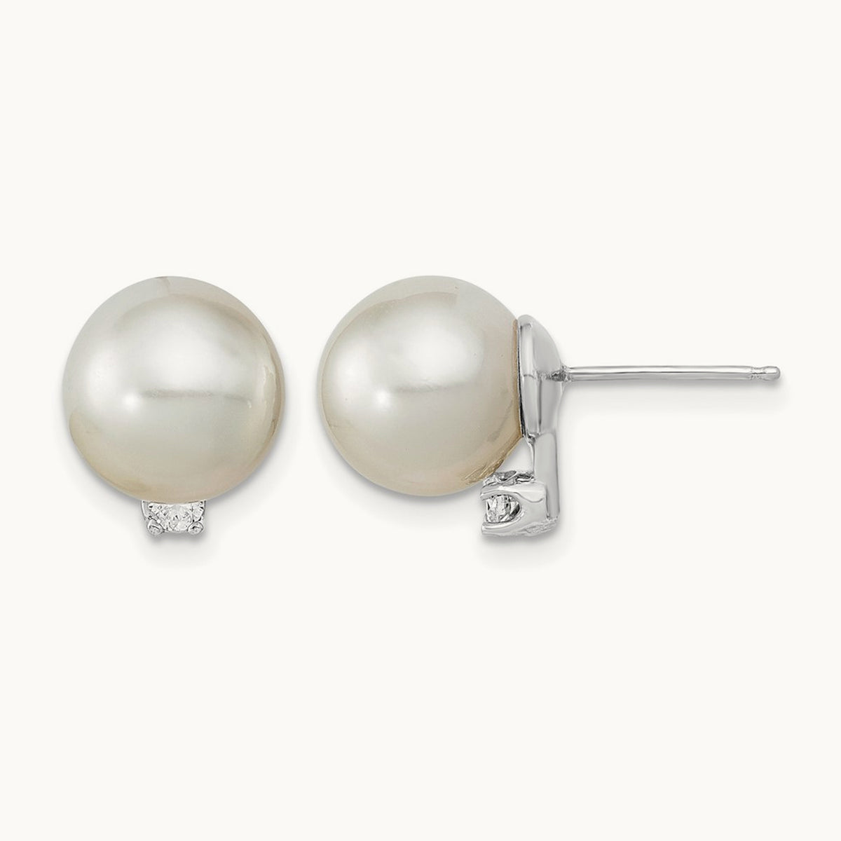 9- Round White Saltwater South Sea Pearl and Diamond Earrings, 10mm, 14K White Gold