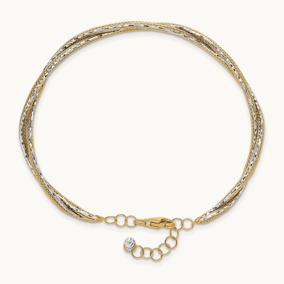 Dia-cut and Textured Braided with Safety Chain Bangle, 14K Two-tone
