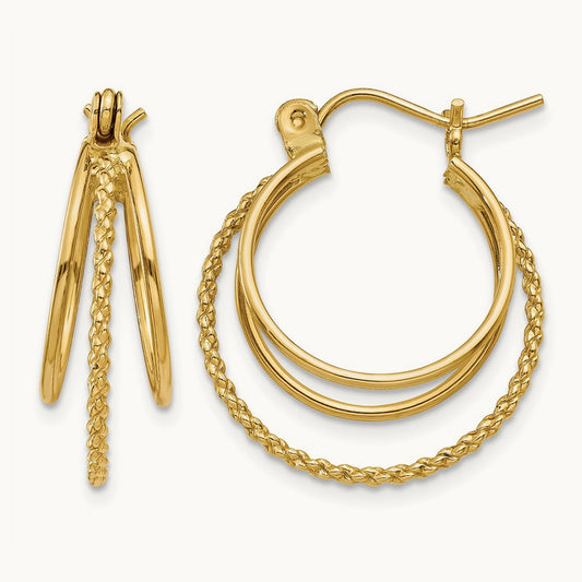 Polished and Textured Circle Hoop Earrings — 14K Yellow Gold