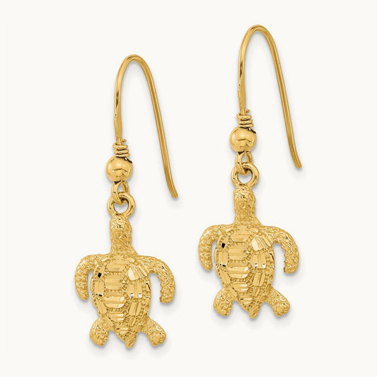 Polished & Textured Diamond-cut Turtle Shepherd Hook Earrings, 14K