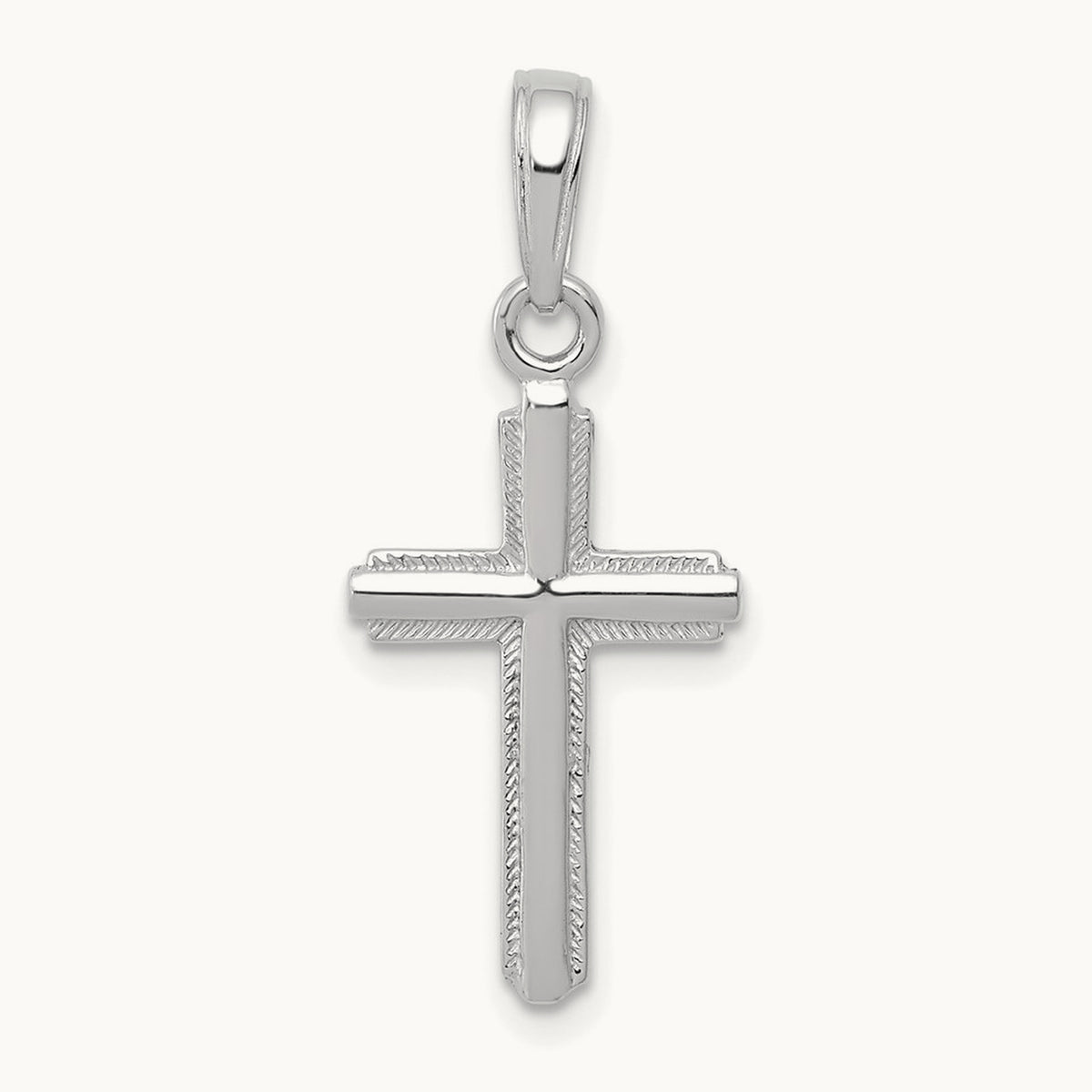 Polished Cross With Striped Border Pendant — 14K White Gold, 23mm