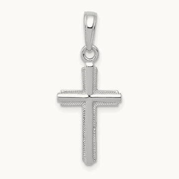 Polished Cross With Striped Border Pendant — 14K White Gold, 23mm