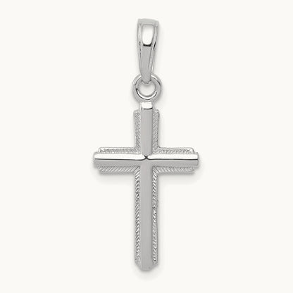 Polished Cross With Striped Border Pendant — 14K White Gold, 23mm