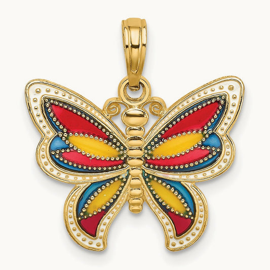 w/Multi-Color Enameled Beaded Wings Butterfly Charm, 14K