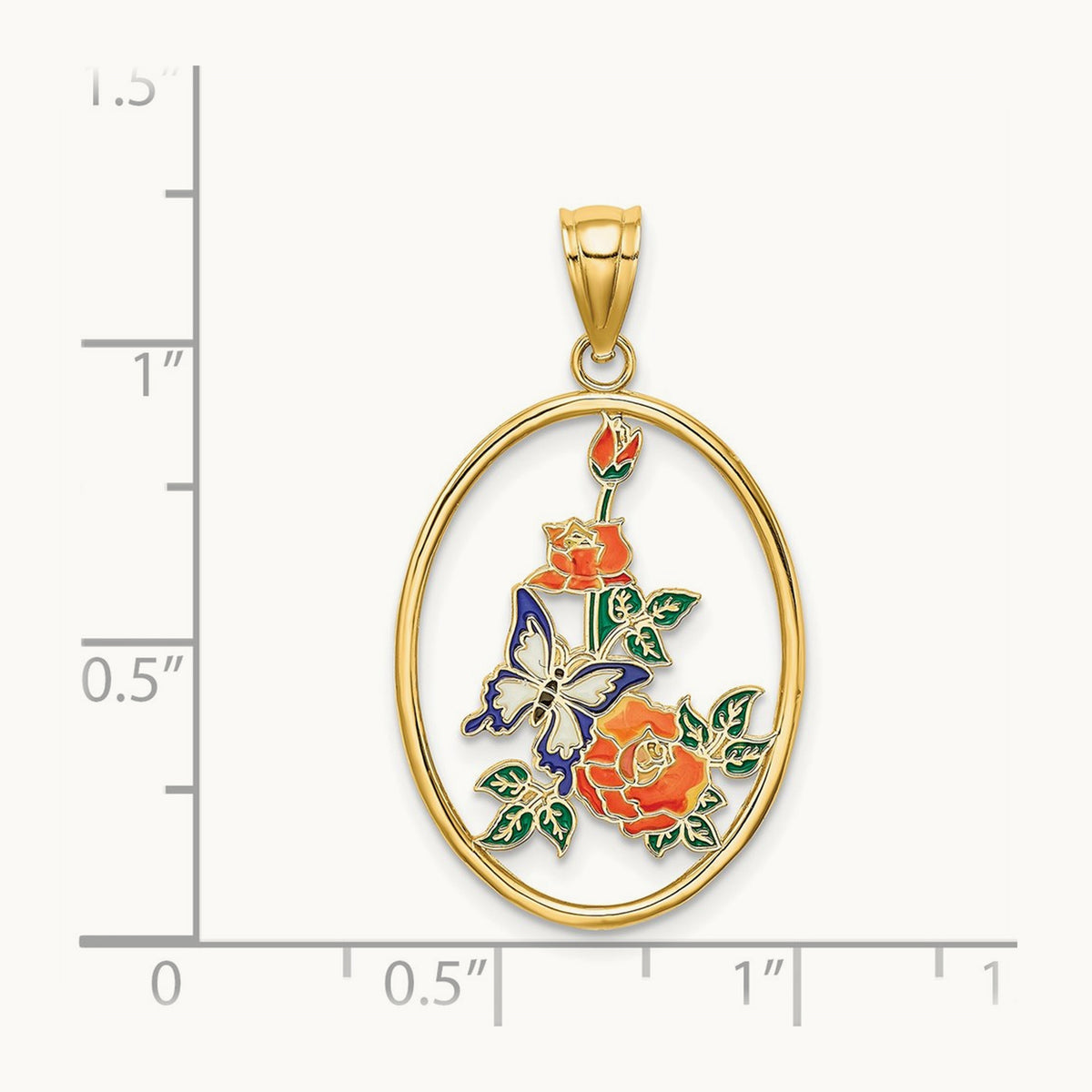 Enamel White Butterfly In Oval w/ Orange Flowers Charm, 14K
