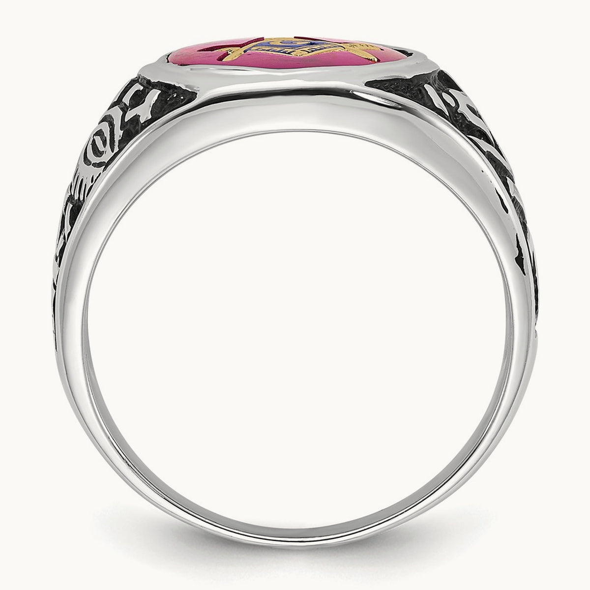 Men's Antiqued & Textured with Lab Created Ruby Masonic Ring — 14K White Gold