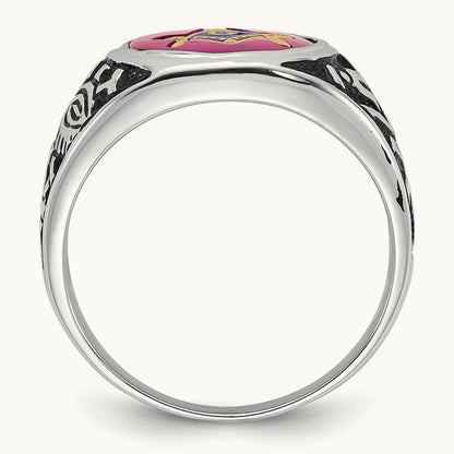 Men's Antiqued & Textured with Lab Created Ruby Masonic Ring — 14K White Gold