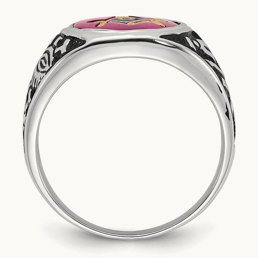 Men's Antiqued & Textured with Lab Created Ruby Masonic Ring — 14K White Gold