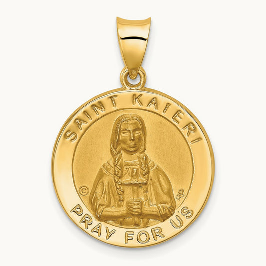 Polished / Satin St. Kateri Hollow Medal Pendant, 14K