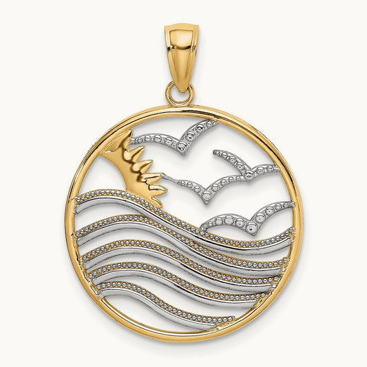 w/Rhodium Sunset and Seagulls In Circle Pendant, 14K