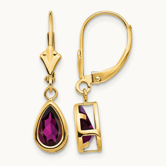 8x5mm Pear Rhodolite Garnet Leverback Earrings, 14K