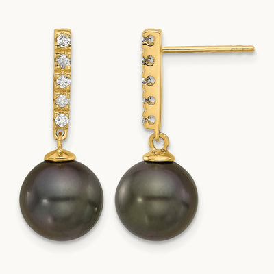 9- Round Black Tahitian Pearl and .20ct Dia Post Dangle Earrings, 10mm, 14K