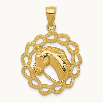 Solid Polished Horse Head in Horseshoes Pendant, 14K