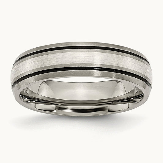 Antiqued Brushed Center Sterling Silver Inlay Grooved Band, 6mm, Titanium