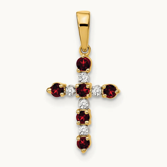 Garnet and Diamond Cross Pendant — 14K Yellow Gold