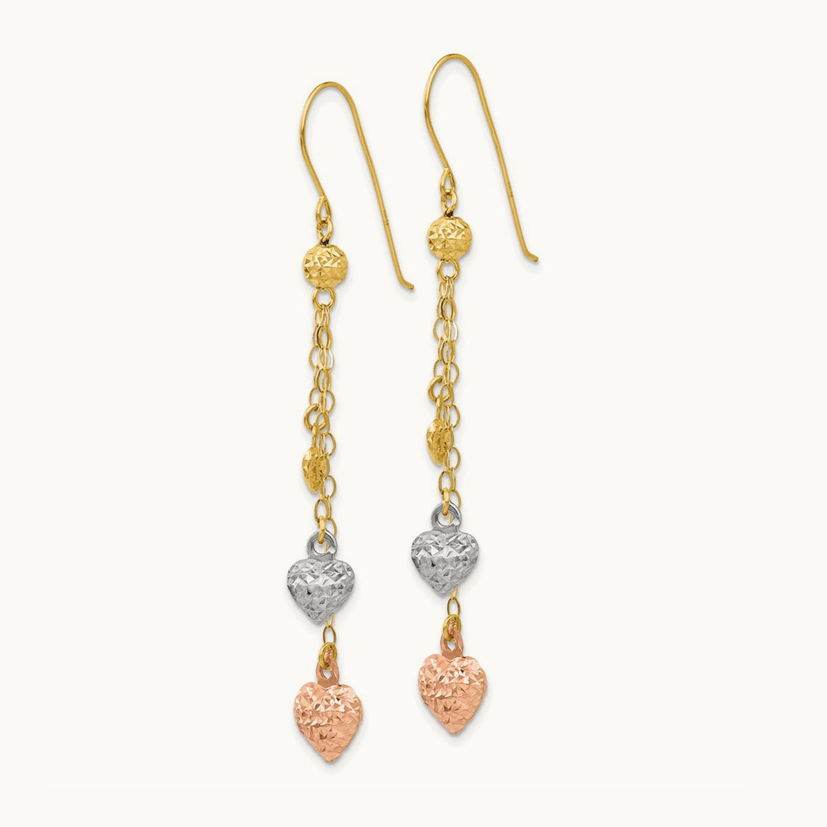 Tri-color Puff Heart Dangle Earrings, 14K