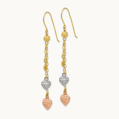 Tri-color Puff Heart Dangle Earrings, 14K