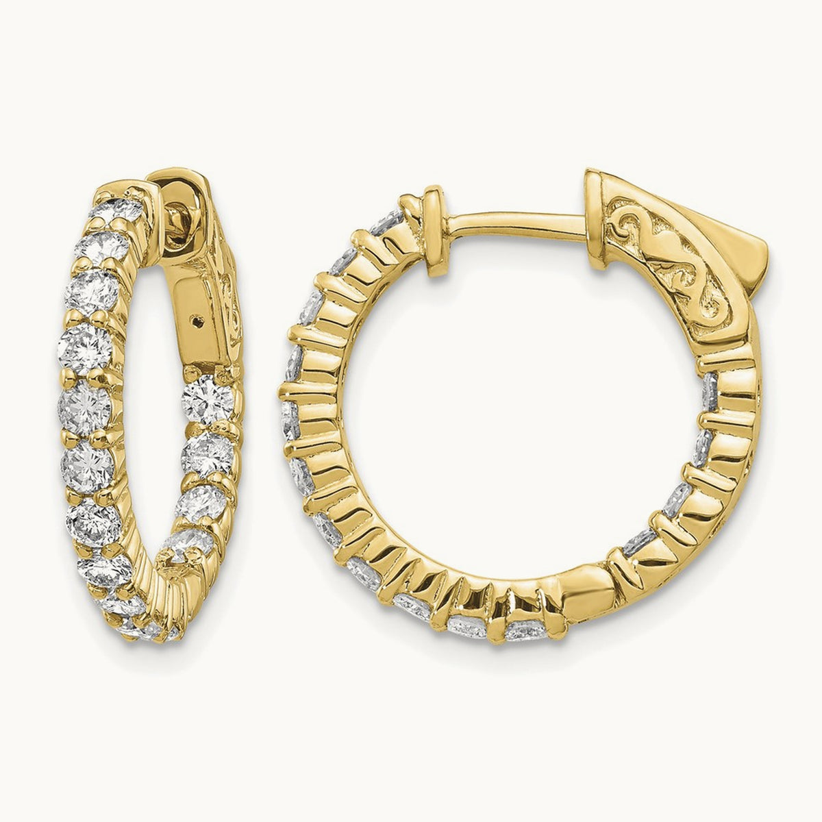 Diamond Round Hoop w/Safety Clasp Earrings, 14K