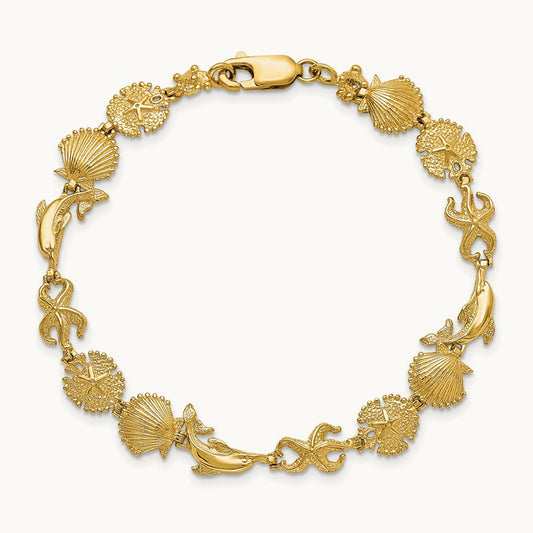Dolphin and Sea Shells Bracelet, 14K