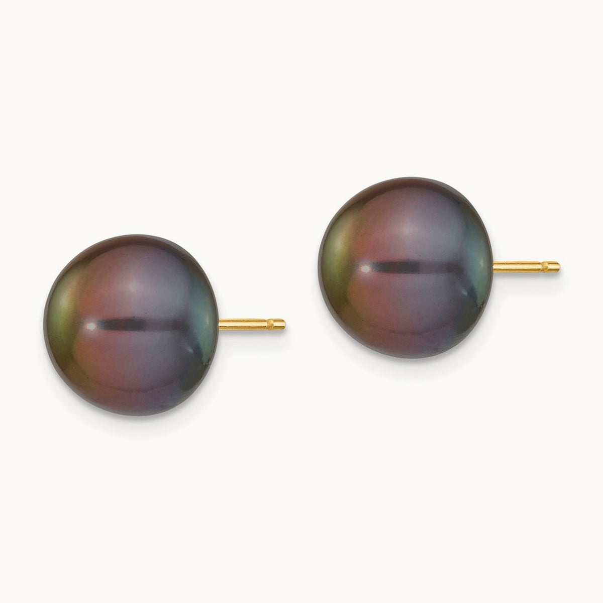 Black Button Freshwater Cultured Pearl Stud Post Earrings — 14K Yellow Gold